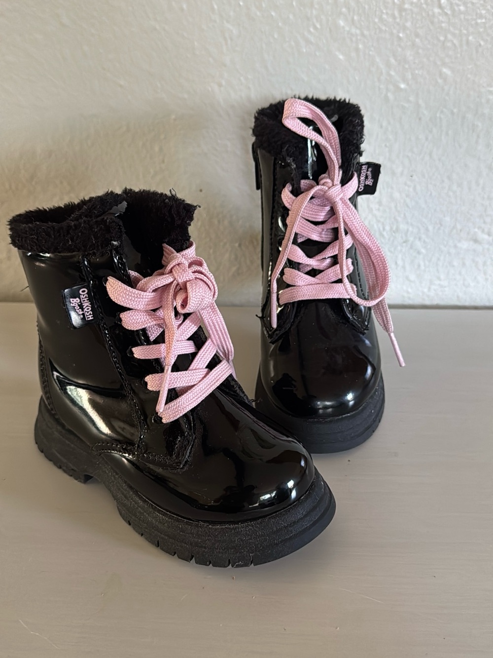 OshKosh B'gosh Black Patent Boots with Pink Laces